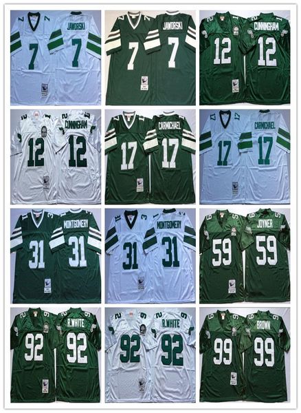 

mens vintage 1992 cunningham football jerseys 59 joyner 92 r.white #7 jaworski 17 carmichael 99 brown ncaa throwback jersey white green, Black;red