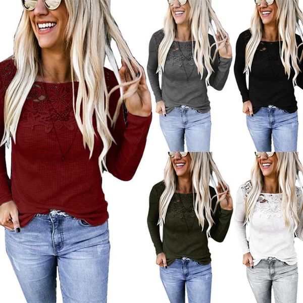 

women's t-shirt fashion round neck solid color lace panel long sleeve top, White