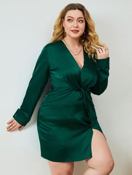 

plus twist front slit hem dress z2ud#, Black