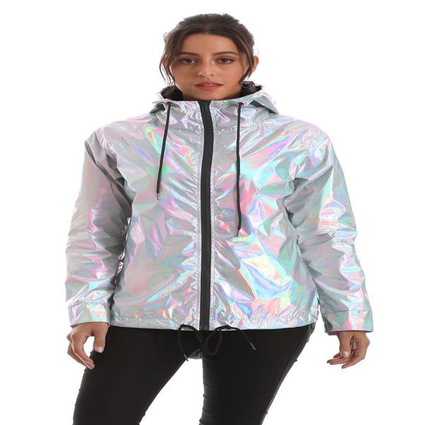 

2021 new spring autumn women jacket laser hooded windbreaker loose glossy pockets outerwear harajuku style casual fashion coat lt1p, Black;brown