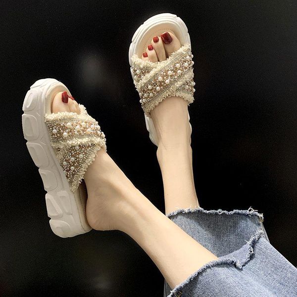 

slippers shoes woman 2021 low flat pantofle platform luxury slides shale female beach string bead designer sabot pu fashion, Black