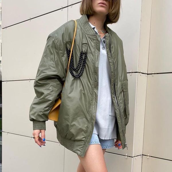 

women's down & parkas conkor fashion solid o neck women elegant loose bead chain coats pocket long sleeve cotton jackets ladies, Black