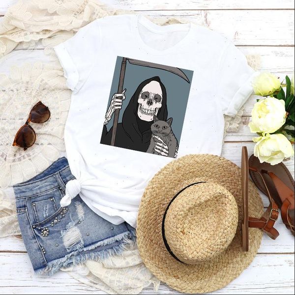 

women graphic skull funny cartoon fashion cute printed 90s print female t shirt tees clothing womens t shirt, White