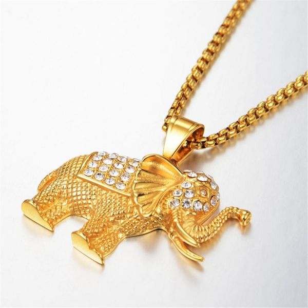 

pendant necklaces hip hop iced out bling elephant cute gold color stainless steel chains for women man hiphop jewelry, Silver