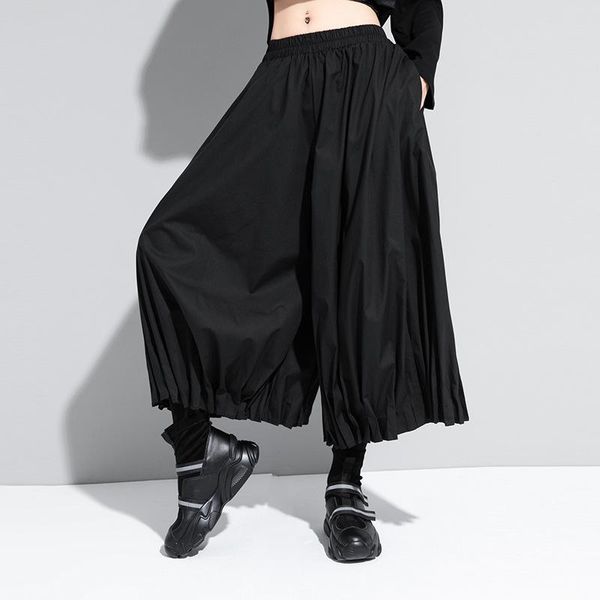 

women's pants & capris johnature autumn all match wide leg 2021 fashion loose elastic waist solid color calf-length women, Black;white
