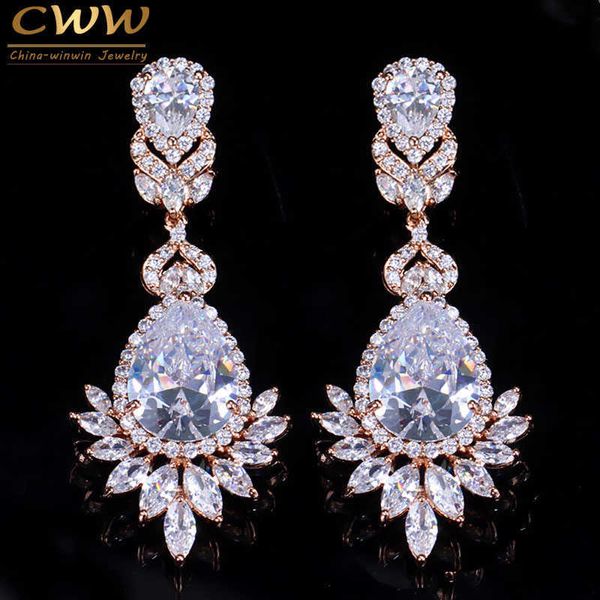 

cubic zirconia rose gold color big long dangle drop bridal wedding earrings jewelry for women cz151 210714, Silver