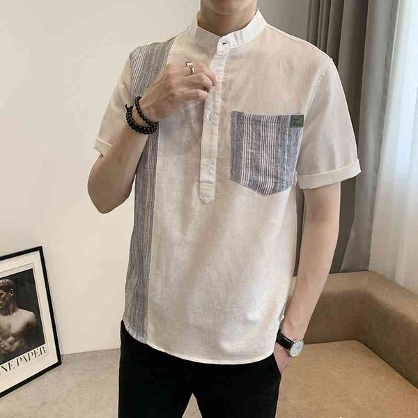 

linen shirts for men summer short sleeve casual social party blouse streetwear business dress pullover camisas para hombre 210527, White;black