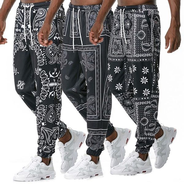 

men breathable ankle banded pants, summer autumn male retro printing loose long trousers sweatpants for jogging sports, Black