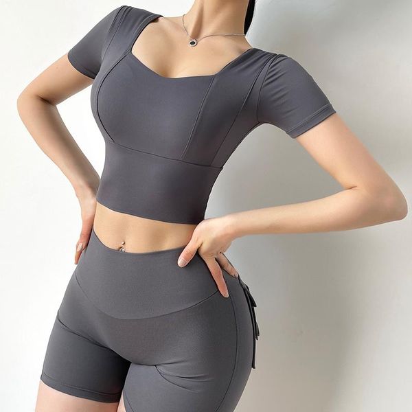 

2021 tight yoga shirts women short sleeve cropped gym fitness running workout sport t-shirts sports wear crop workout, White;red