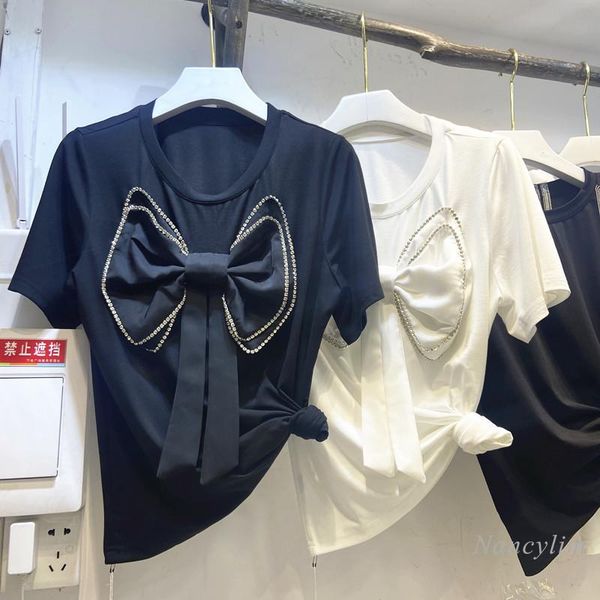 

women's t-shirt t shirt women heavy industry rhinestone big bow round neck short sleeve loose-fitting t-shirts 2021 summer white black