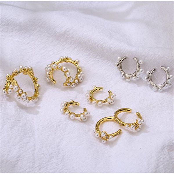 

hoop & huggie hecheng,1 pair,pearl ear cuff,c shaped cz rainestone small clip earrings for women girls wholesale, Golden;silver