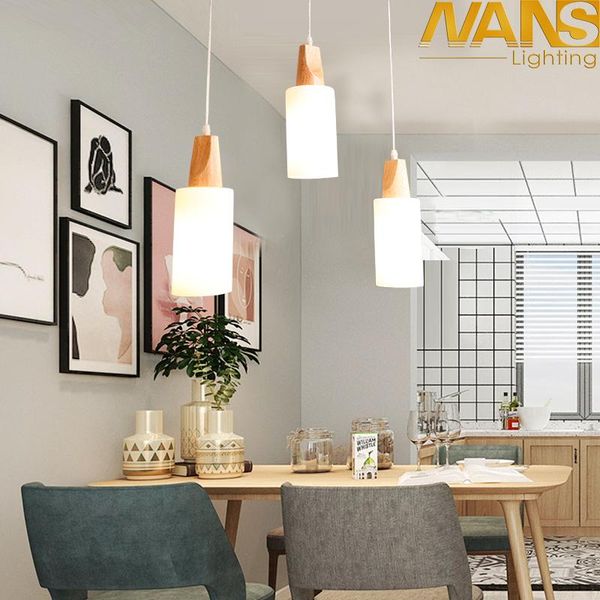 

pendant lamps 3 head nordic style modern ceiling hanging light wooden art indoor kitchen lamp glass fixture bedroom li
