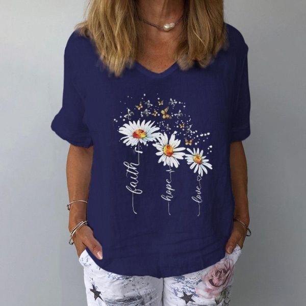 

women's t-shirt women casual daisy print t-shirts cotton linen v-neck short sleeves shirt elegant ladies streetwear plus size mujer #g, White