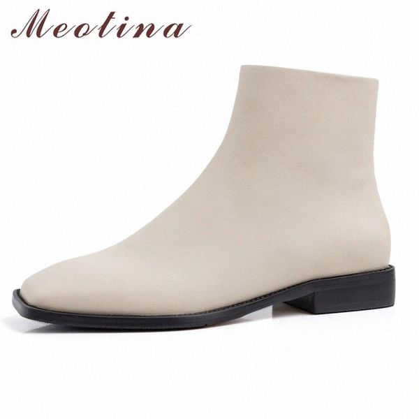 

meotina winter ankle boots women natural genuine leather zipper flat short boots fashion square toe shoes ladies fall size 34 40 footw e3jd#, Black
