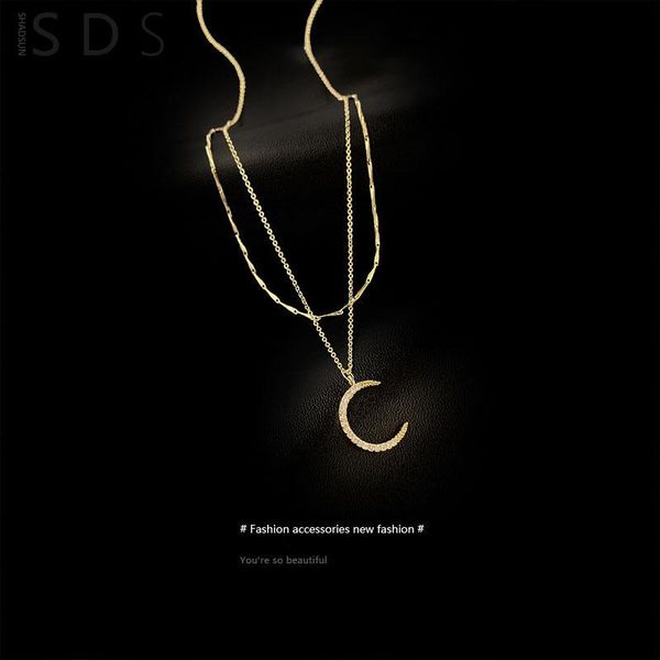 

pendant necklaces korea dongdaemun moon zircon online celebrity temperament clavicle chain female luxury double-layer high-level necklace, Silver