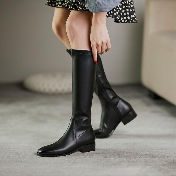 

boots mezereon fashion leather and stretch fabric thigh high square toe ladies winter shoes low heel 4 cm arrive, Black
