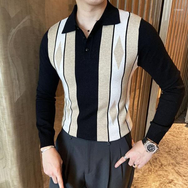 

black/green korean slim fit men knitted striped sweaters fashion 2021 turn down collar casual pullovers pull homme streetwear1, White;black