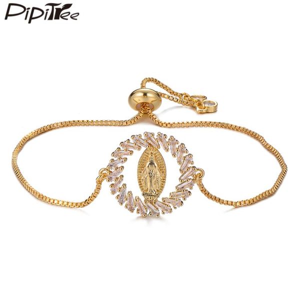 

charm bracelets pipitree luxury shiny irregular cubic zirconia virgin mary chain adjustable round bracelet bangle women jewelry, Golden;silver