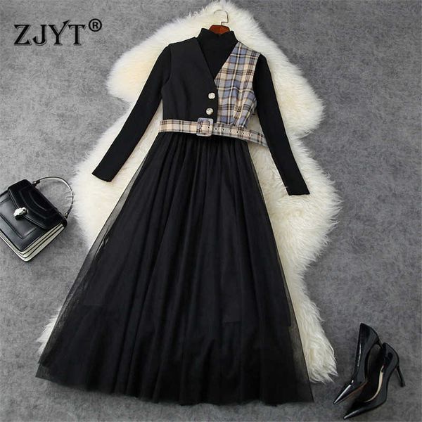 Elegante designe outono inverno preto camisola de malha e malha vestido terno mulheres vintage manta retalhos festa femme midi vestido 210601