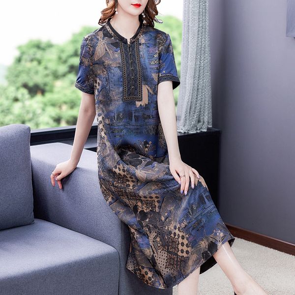 

luxury casual dresses fragrant cloud yarn imitation drs 2021 summer cheongsam improved large size mulberry silk skirt, Black;gray