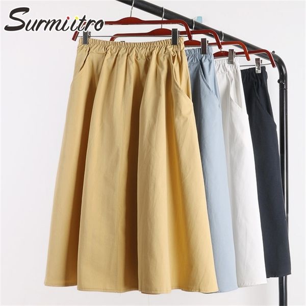 

surmiitro 100% cotton midi summer skirt women fashion korean pocket a-line sun school black white high waist female 210619