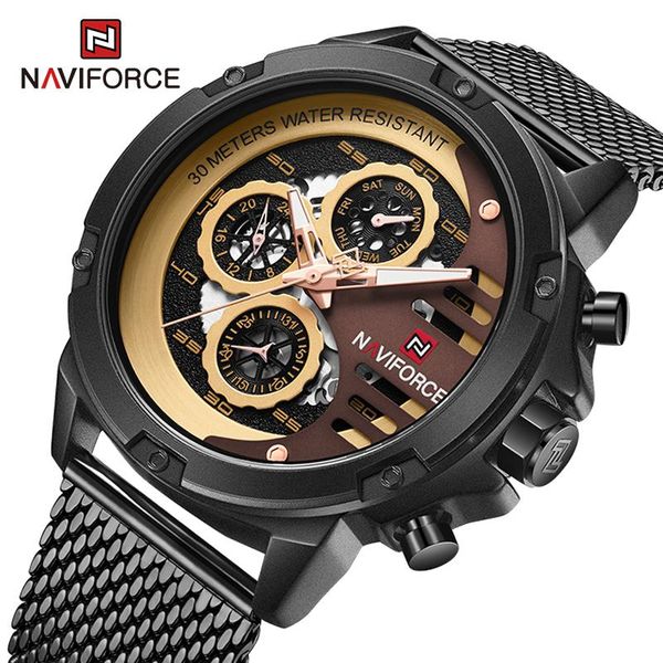 

wristwatches naviforce watch for men military sports quartz wrist watches mesh steel band waterproof multi-function analog cloc, Slivery;brown