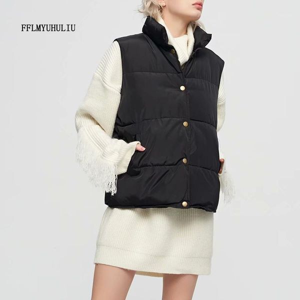 

women's round neck vest solid color autumn and winter warm cotton clothing large size pocket button decoration coat1, Black