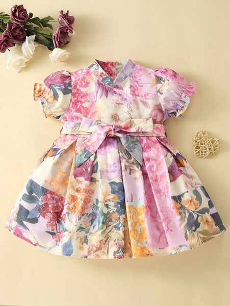 

baby floral print puff sleeve belted dress she, Red;yellow
