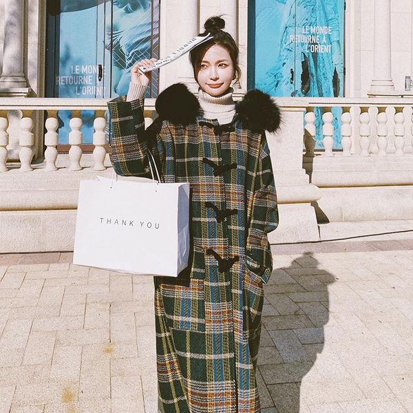 

women's wool & blends horn buckle retro plaid woolen coat autumn winter thick mid-length korean style loose over-the-knee llccmm11, Black