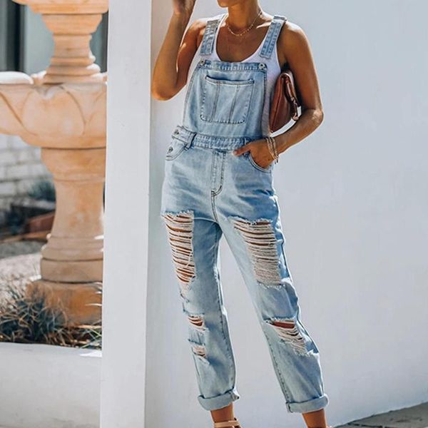 

women's jeans ripped women denim overalls casual loose hole jumpsuit fashion style sleeveless suspenders, Blue