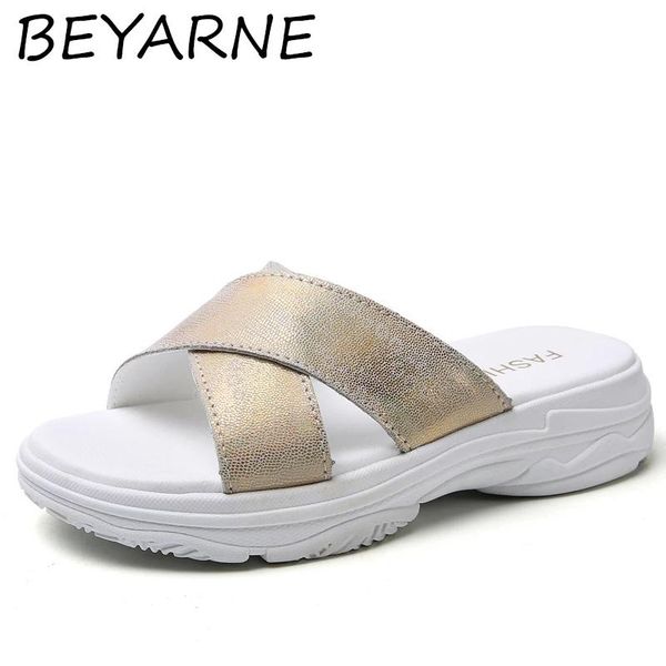 

beyarne summer women slippers shoes woman 2021casual new fashion bling flat elegant glitter slip on slides 4cm height increasing, Black