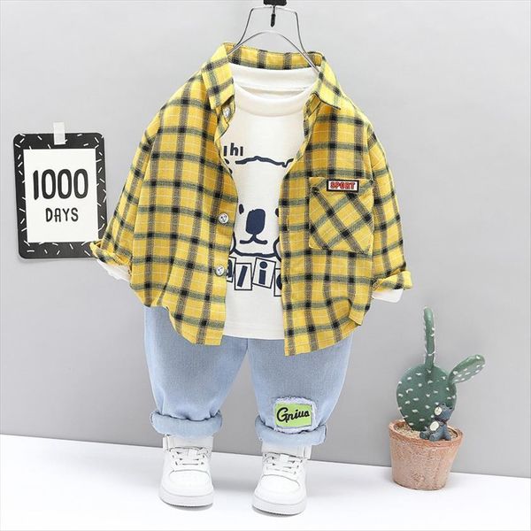 

spring autumn kid boy shirt clothing suit set plaid jacket t pants 3pcs baby children cotton 1 2 3 4, White