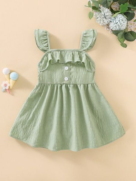 

baby ruffle trim textured fake button dress she, Red;yellow