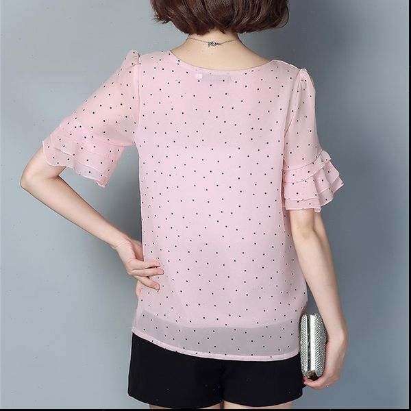 

summer chiffon blouse shirt women polka dot womens and blouses plus size 5xl loose ruffle femininas 2021 o neck pink, White