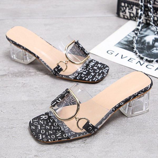 

slippers women's sandals 2021 women slippes summer female heels open toe outside pumps ladies party high square heel shoes, Black