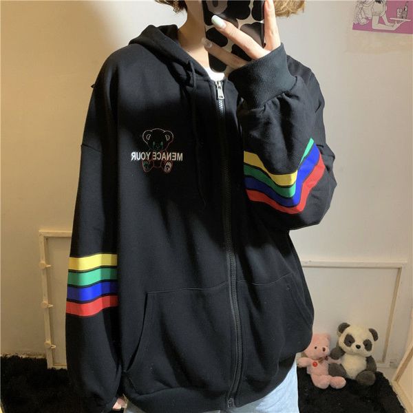 

deeptown style women 2021 spring raiow print zip up hoodie long sleeve fashion casual sweatshirt 4a8a, Black
