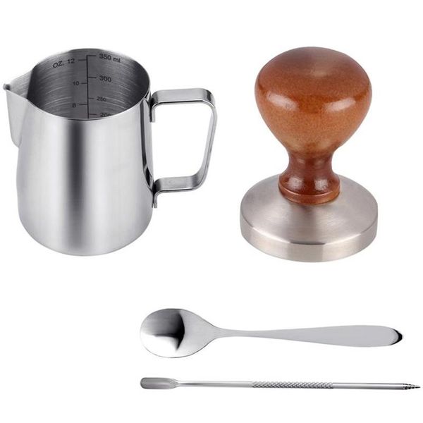 

4pcs coffee accessories 58mm stainless steel coffee tamper with 12oz frothing pither and spoon and latte art pen