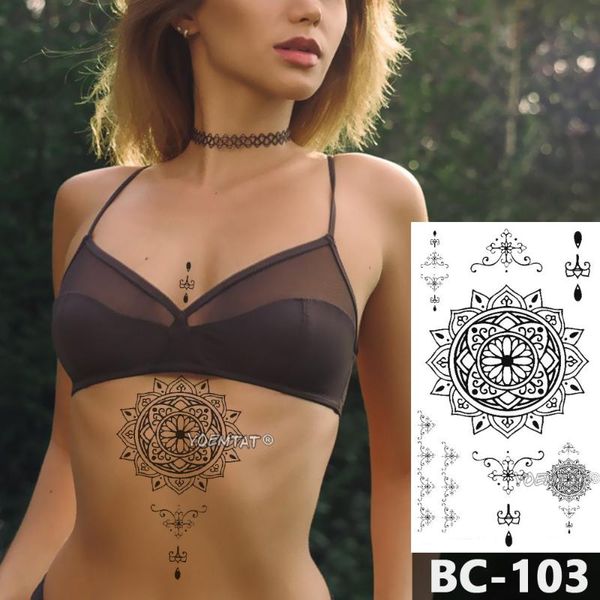 

temporary tattoos 1 sheet chest body tattoo waterproof jewelry black lace mandala lotus pattern decal waist art sticker