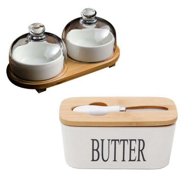 

1x butter sealed ceramic box with whiteboard wood cover & 2pcs grid fruit plate snack bowl glass storage bottles jars