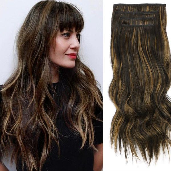 

synthetic wigs lativ long silky thick 20 ''wavy hair clip in on pieces dark brown for women's 11 clips, Black