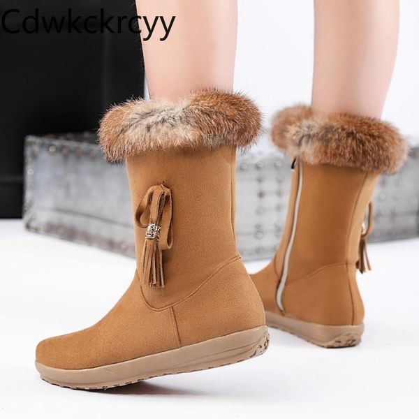 

boots winter the hair fashion round head thick bottom snow leisure tassel plus velvet keep warm high heel women, Black