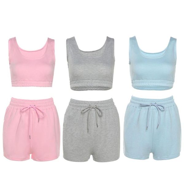 

women's tracksuits women solid color sportswear 2pcs sleeveless crop tank and drawstring shorts matching set summer tracksuit outfits, Gray