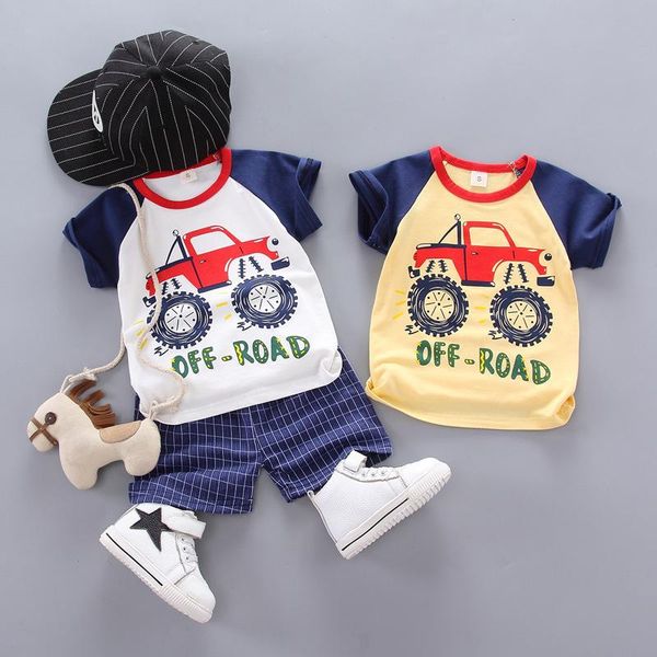 

clothing sets boys summer 2021 cotton o-neck t-shirt + plaid shorts 2pcs/set 1-4 years kids car printed outfit soft thin, White