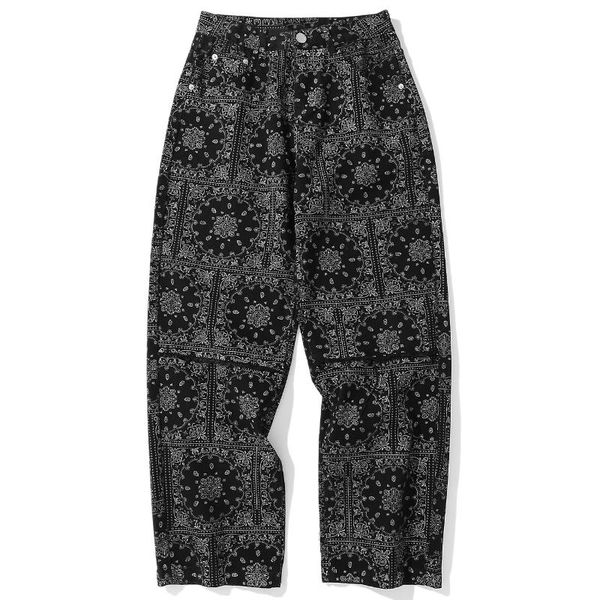 

men's pants 2021ss autumn oversized straight-leg retro style harajuku trousers full bandana print hip-hop casual street loose, Black