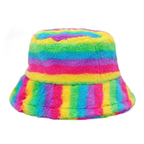 

wide brim hats warm bucket-hats rainbow striped for women thickened soft panama hat fashion cloche faux fur winter fisherman cat, Blue;gray