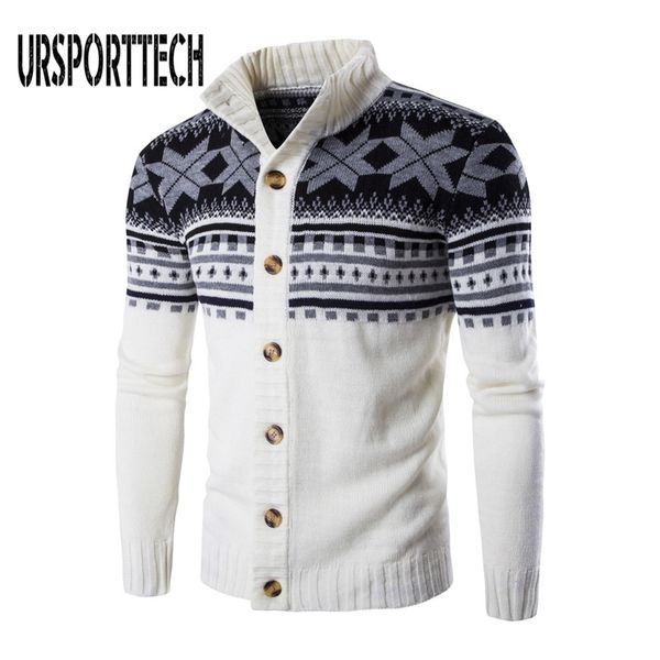 

autumn winter warm christmas sweater men fashion printed single-breasted knit cardigan casual stand collar mens cardigan sweater 211018, White;black