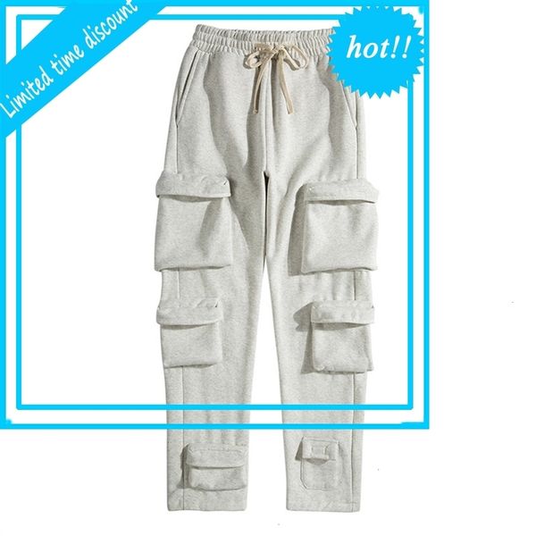 

multi-pocket joggers fleece sweatpants mens solid streetwear drawstring casual harem pants black white loose trousers