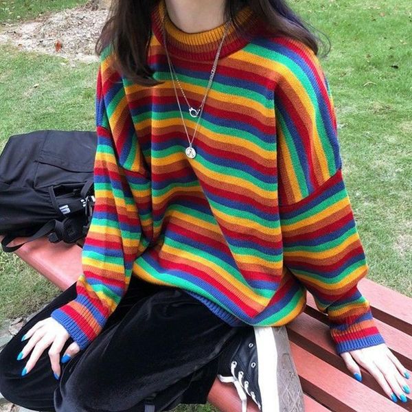 

women's sweaters women rainbow ladies fashion colorful striped knitted sweater female autumn chic casual long sleeve o-neck pullovers, White;black