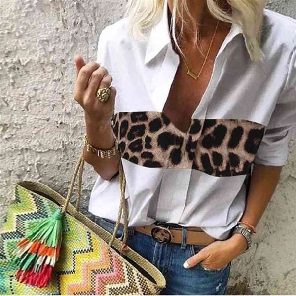 

leopard print patchwork women shirts deep v-neck long sleeve elegant office lady blusa plus size 5xl, White