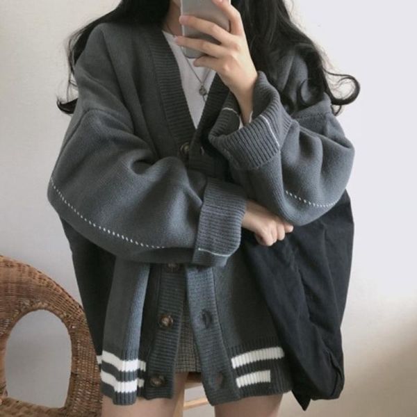 

women's knits & tees plus size women knitted sweater autumn winter korean style thin vintage v-neck oversize harajuku solid color cardi, White